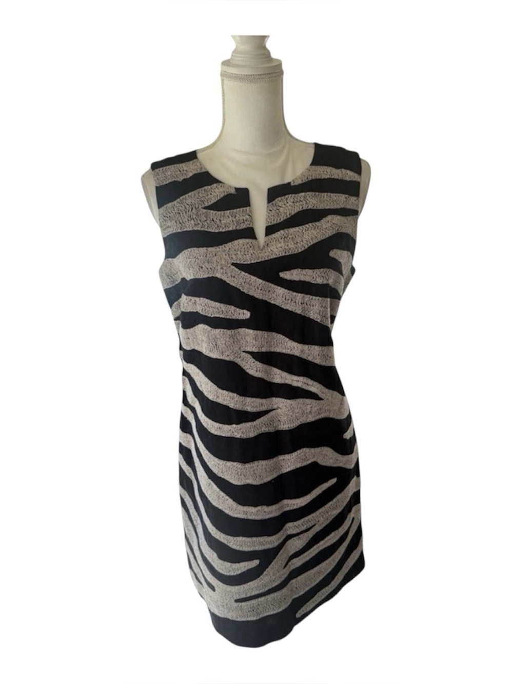 Michael Kors linen sheath dress black grey zebra print career elegant summer